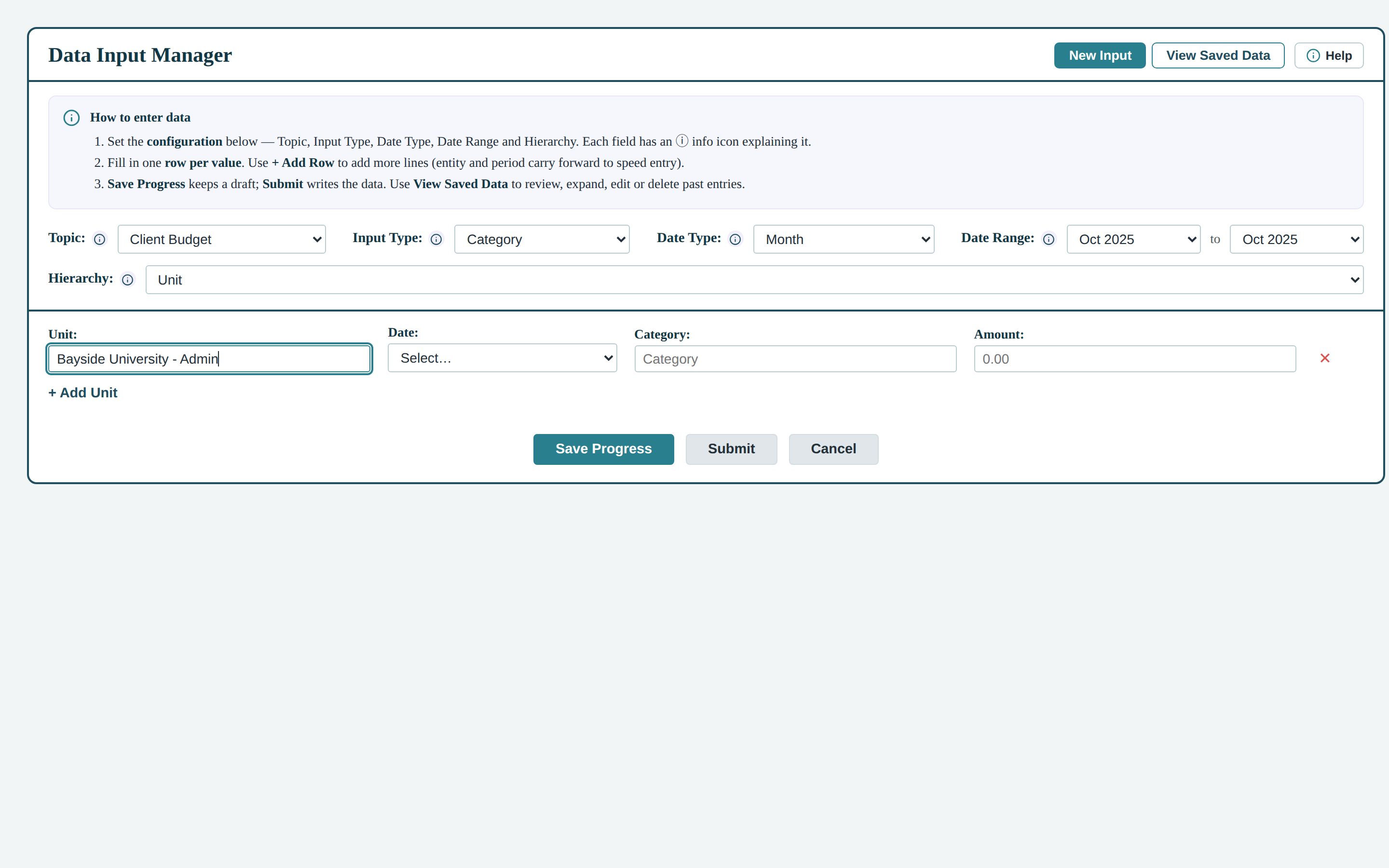 The warehouse write-back form, configured: topic, input type, date grain, date range and hierarchy level chosen, with a generated entry row and an entity selected through the typeahead.