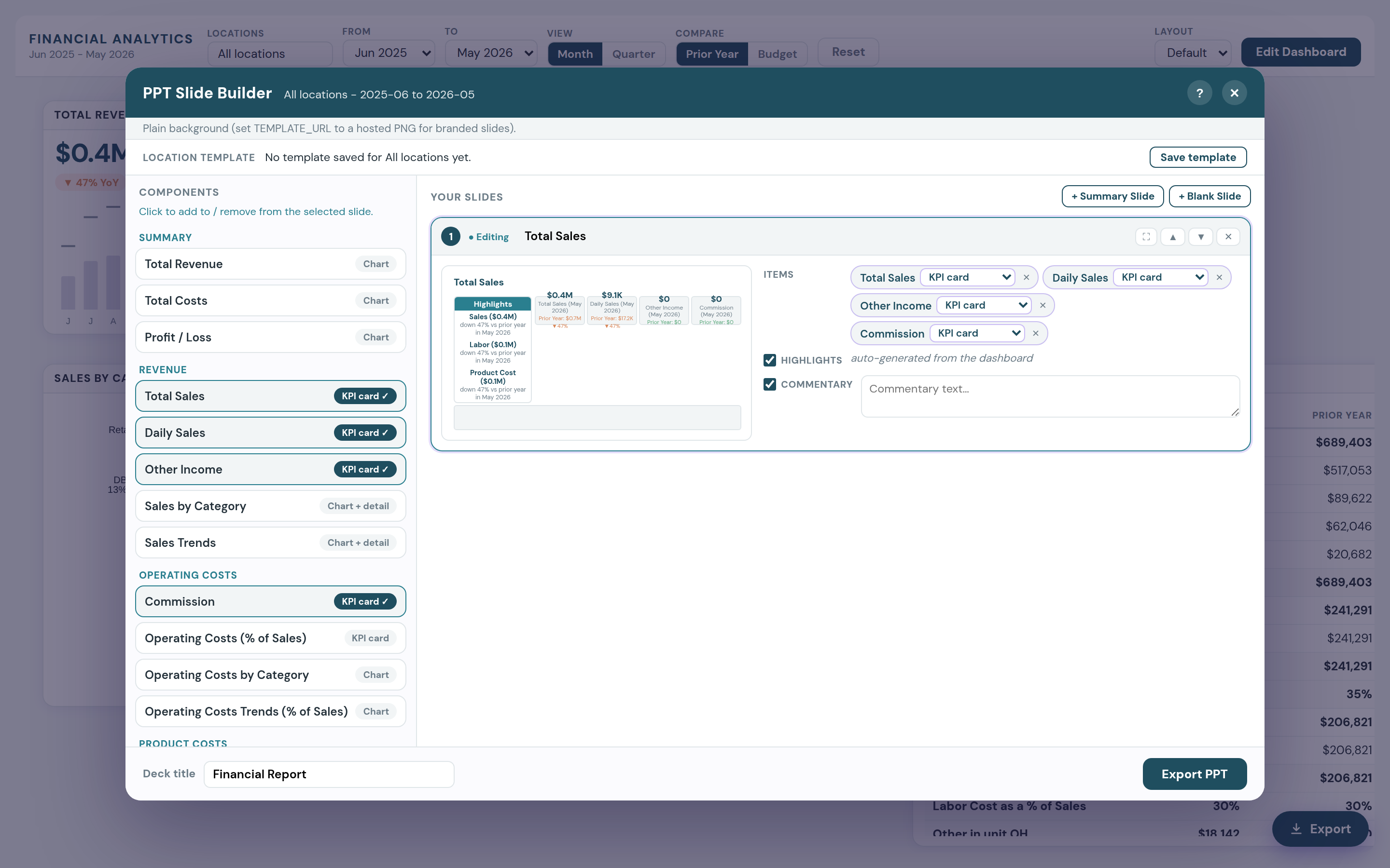 The PowerPoint export block with a slide under construction: the same component catalogue as the editor, four KPI cards placed on a slide, a per-item display-view selector, auto-generated highlights, a commentary field and the export action.